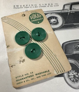 ANTIQUE DUKAY BUTTONS ON CARD-GREEN TRAIN TRACK PATTERN 1930'S 3/4" ACCEPTABLE - Picture 1 of 5
