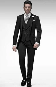 Hombres Negro Traje 3 Piezas Esmoquin Negro Calce Ajustado Traje Boda Fiesta Ropa Abrigo Pantalones - Imagen 1 de 6