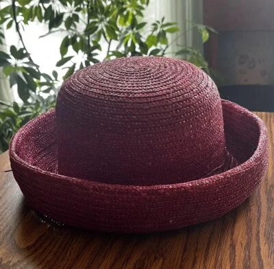 De Colección Laura Ashley Italia Cloche Verano Ala Enrollada Años 90 Rojo Rosa Rafia Sombrero de Paja Foto 1 de 4