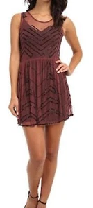 Free People Beaded Sheer Mesh Mini Slip Dress Maroon Embellished Party Dress L - Picture 1 of 14
