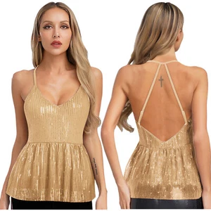 Womens Glitter Sequins Cami Tank Tops V Neck Cross Spaghetti Straps Vest Shirts - Picture 1 of 25