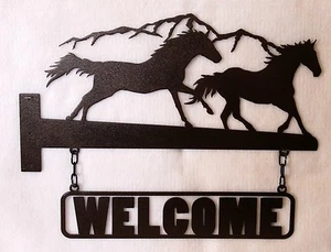 Horse Welcome Sign Galloping Horses Mountains 2 Piece Plasma Cut Metal Art - Picture 1 of 7