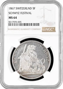 Svizzera 5 franchi 1867, NGC MS64, "Schwyz Shooting Festival" moneta argento - Foto 1 di 2