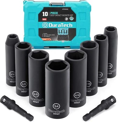 DURATECH 10PC 3/8" Dr 6 Point Deep Impact Socket Set 1/4" Hexagon Extension Bars - Image 1 of 4
