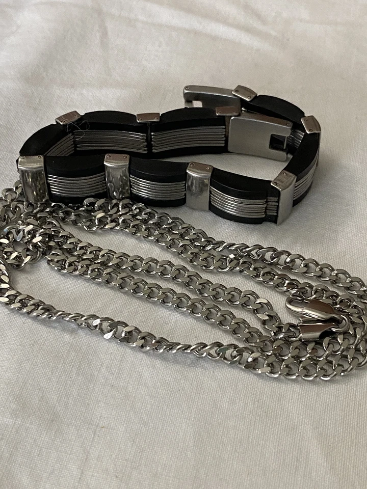 CADENA BORDILLO ACERO INOXIDABLE 316L 24” con PULSERA DE ESLABONES DE ACERO INOXIDABLE Y GOMA 7,75” Foto 1 de 4