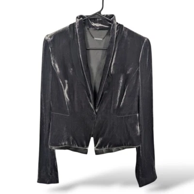 Jaqueta Blazer Elie Tahari Veludo 8 Acabamento de Couro Cinza Rayon Seda Bastante Luxo  - Imagem 1 de 4