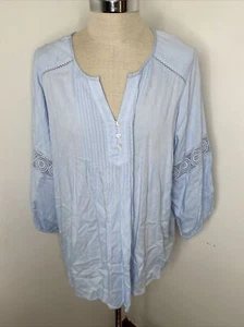 Intro Women's Boho Tunic Top 3x Blue V Neck Eyelett Tuxedo Front 3/4 Sleeve New - Picture 1 of 8