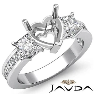 Princess Heart Semi Mount 3 Stone Diamond Wedding Ring 14k White Gold 1.1Ctw - Picture 1 of 4