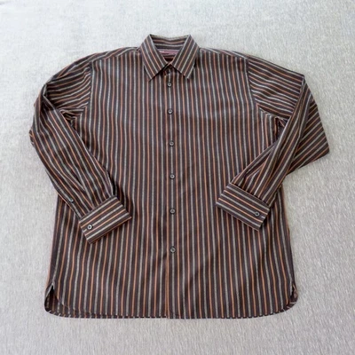 VTG Perry Ellis Shirt Mens Medium Black Brown Stripe Long Sleeve French Cuff Y2K - Image 1 of 4