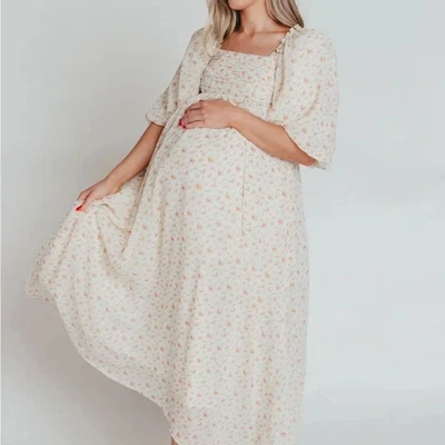 NUEVO VALOR COLECTIVO melodía maxi vestido pliegues recorte marfil floral maternidad M Foto 1 de 4