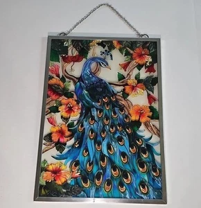 Peacock Glass Window Hanging, 11" W x 15" H Hand Painted AMIA DENVER Glass Panel - Picture 1 of 5