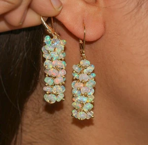 Pendientes con cuentas de ópalo etíope natural, rellenos de oro hechos a mano colgantes regalo para ella - Imagen 1 de 9