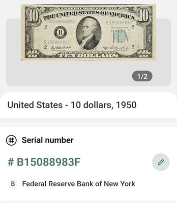 1950 a $10 New York Federal Reserve Note Green Seal In Great Condition. Rare! - Image 1 of 4