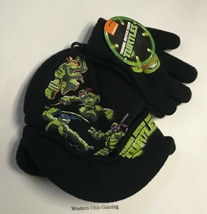 Boy's Teenage Mutant Ninja Turtles Billed Beanie Cap Hat Glove Combo Winter Set - Picture 1 of 3