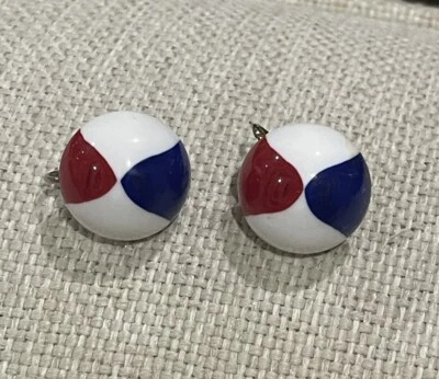 Vintage Clip On Red White And Blue Dome Ball Earrings Nautical Beach Retro - Image 1 of 4