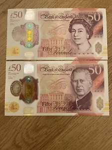 Great Britain 50 pound King Charles III Cir + Queen. 100 Pounds Total. 2 Notes - Picture 1 of 2