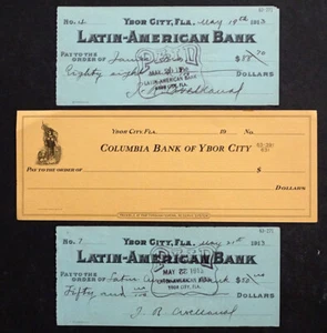 3 Vintage c1910 YBOR CITY Tobacco CUBAN CIGAR FACTORY Bank Check / TAMPA FLORIDA - Picture 1 of 2