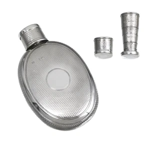 ANTIQUE - Solid Sterling Silver - Engine Turned HIP FLASK - Thomas Johnson 1879 - Picture 1 of 8