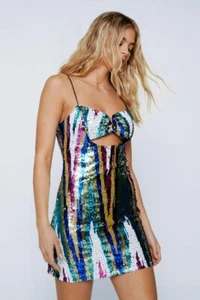 BNWT Nastygal Stripe Sequin V Bar Mini Dress Pink Sz:12 RRP:£79.00 - Picture 1 of 4
