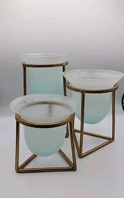 San Miguel Frosted Candle Holders set of 3 Gold Modern Triangle Light Blue - Image 1 of 4