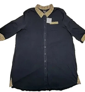PajamaGram Night Shirt Button Robe Black Leopard Trim Plus Size 3X Sleepwear NEW - Picture 1 of 16