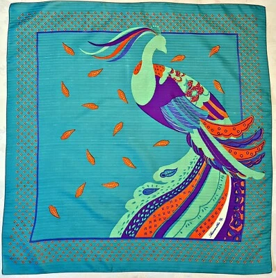SCARF VINTAGE AUTHENTIC SAMANTHA MS PEACOCK BLUE ORANGE 31" SQUARE - Image 1 of 4