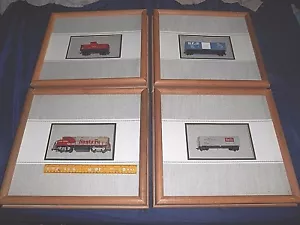 SET OF 4 WALL HANGING HO SCALE MODEL TRAIN SET WOOD GLASS FRAMED MATTED - Picture 1 of 12