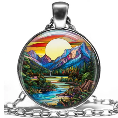Faux Stained Glass Art Print Valley Mountains Sunrise Valley Fantasy Necklace - Image 1 of 4