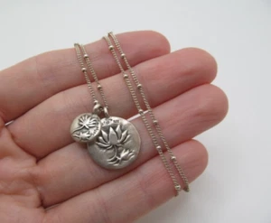 925 Sterling Silver Satya Solid Double Flower Round Charm Ball Chain Necklace - Picture 1 of 7