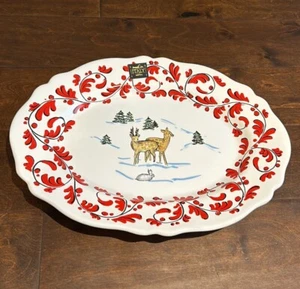 Nova Deruta Christmas Platter Oval New Reindeer Evergreen Trees Made In Italy - Picture 1 of 4
