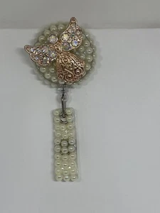 Bling Jewelry ID Badge Off White Pearls Reel With Gold Rhinestones Angel - Picture 1 of 5