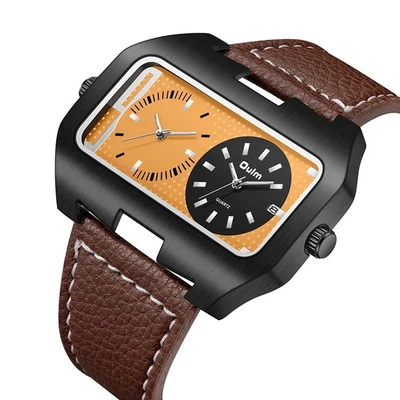Oulm Dual Time Zone Rectangular Large Dial Quartz Watch Leather Strap Rectangle - Image 1 of 4