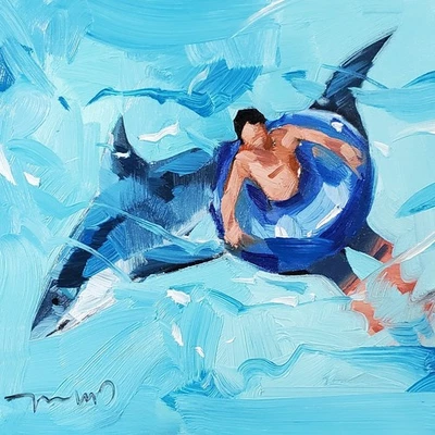 Impresión de Bellas Artes José Trujillo 16x16 Coleccionable Artista Pintura Tiburón Persona Foto 1 de 4