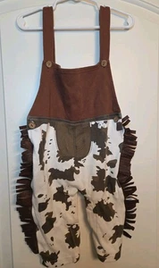 Mono estampado de vaca 3T niño pequeño algodón marrón flecos botones broches de presión - Imagen 1 de 9