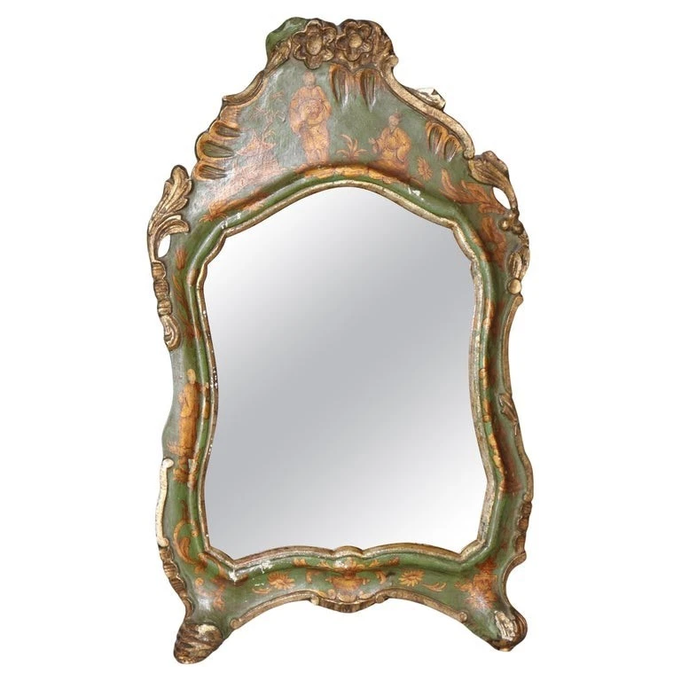 Chinoiserie rococó italiana pequeña miniatura verde y espejo enmalle Foto 1 de 4