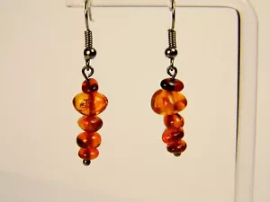 Baltic Amber Dangle Drop Earrings Cognac Transparent Natural Stone Genuine 1196 - Picture 1 of 9