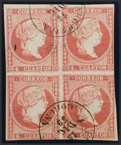 Galicia. Filatelia. º USADO 48(4). 1856. 4 cuartos rojo, bloque de cuatro. Mata - Imagen 1 de 1