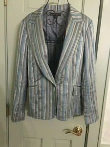 Lafayette 148 Striped Blazer Jacket Teal Gold Viscose Linen 10 - Picture 1 of 6