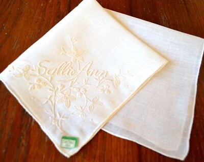 复古 HANKY 1920 年代亚麻 MADEIRA 刺绣单色 SALlie ANN 全新带标签 — 第 1/4 张图片