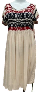 Klozlyne Dress L Natural Navy Red Lined Embroider Cap Sleeve Back Zip Boho NWT - Picture 1 of 14