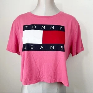 Tommy Jeans Cotton Flag Cropped T-Shirt Size Large Pink Relaxed Fit - Picture 1 of 8