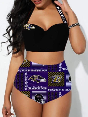 Baltimore Ravens Women's 2PCS Bikini Set Beach Halter High Waist Bathing Suit Cover