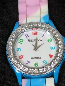 Geneva White Dial Crystal Accent Round Blue Case Colorful Silicone Band Watch - Picture 1 of 8