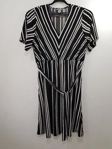 H&M A-Line Workwear Midi Dress Size XL 18-20 Black Striped Belt Short Sleeve - Picture 1 of 10