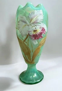Large Art Nouveau Vase Mouth-Blown Art Glass . 1880-1900 Floral Enamel Paint - Picture 1 of 9