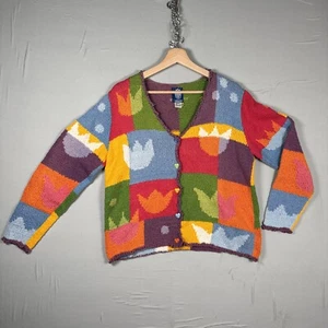 *RARE* Vintage AMANO Hand Knitted Patchwork Cardigan Tulips Bolivia Cotton M/L - Picture 1 of 8