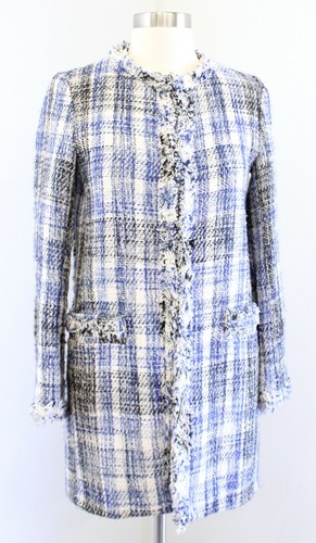 OFF WHITE Giacca Longline Zara Basic Blu a Quadri Tweed Frange Cappotto Auto Taglia XS Bianco Off