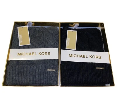 MICHAEL KORS MUJER NEGRO/GRIS PUNTO INVIERNO SOMBRERO Y BUFANDA CONJUNTO DE REGALO NUEVO CON ETIQUETAS Foto 1 de 3