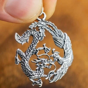 4g JAPANESE DRAGON PHOENIX BIRD POWER LUCK CHARM 925 STERLING SILVER PENDANT - Picture 1 of 12