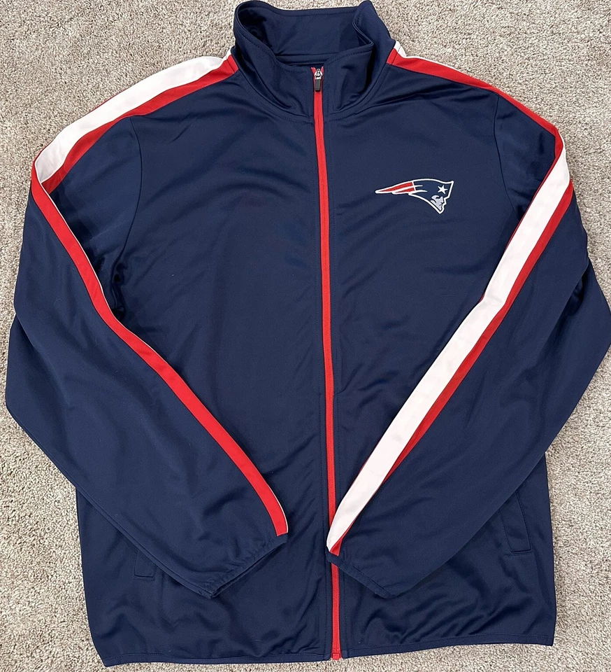New England Patriots Track Jacket Mens XL Warm Up Full Zip Retro NFL Blue Pats